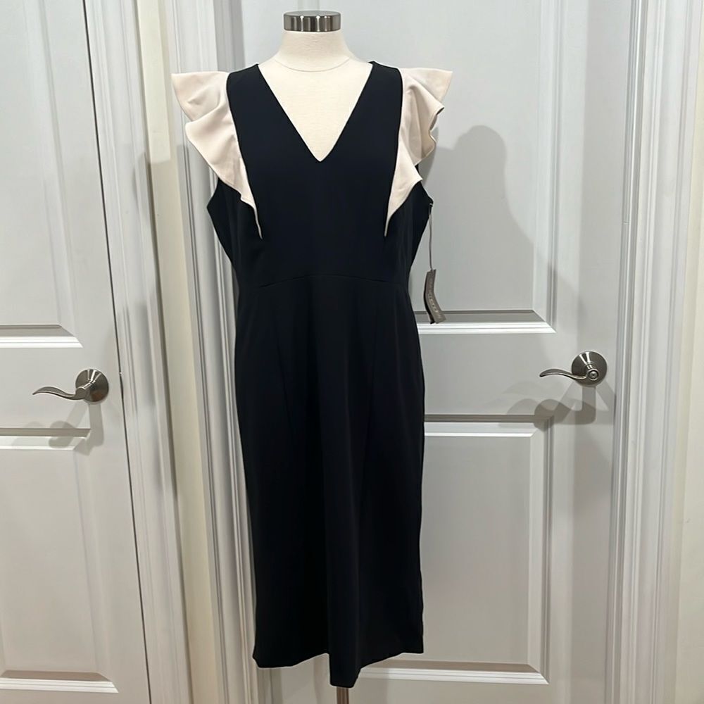New!! Eva Mendes Sheath Dress New York & Co Black‎ Cream Ruffle Sleeve